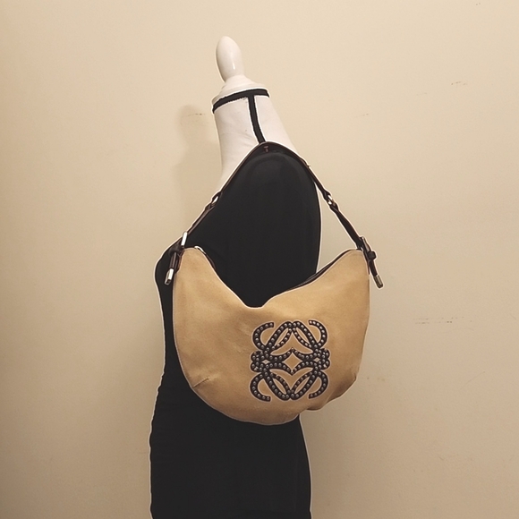 SOLD Rare! LOEWE Anagram Saddle Bag Shoulder Hand Bag Leather Suede Beige Brown - Picture 11 of 16